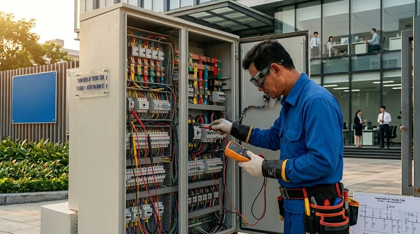 Nhân viên tạp vụ văn phòng đang làm vệ sinh bàn làm việc