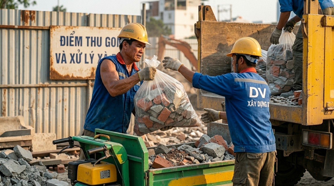 Nhân viên thu gom xà bần bốc xếp lên xe